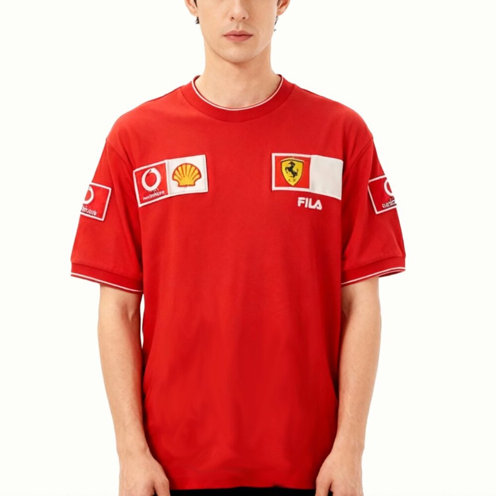 Fila x Ferrari - VINTAGE Y2K- Embroidered Textured Tee (L)🏎️🏁❤️✨